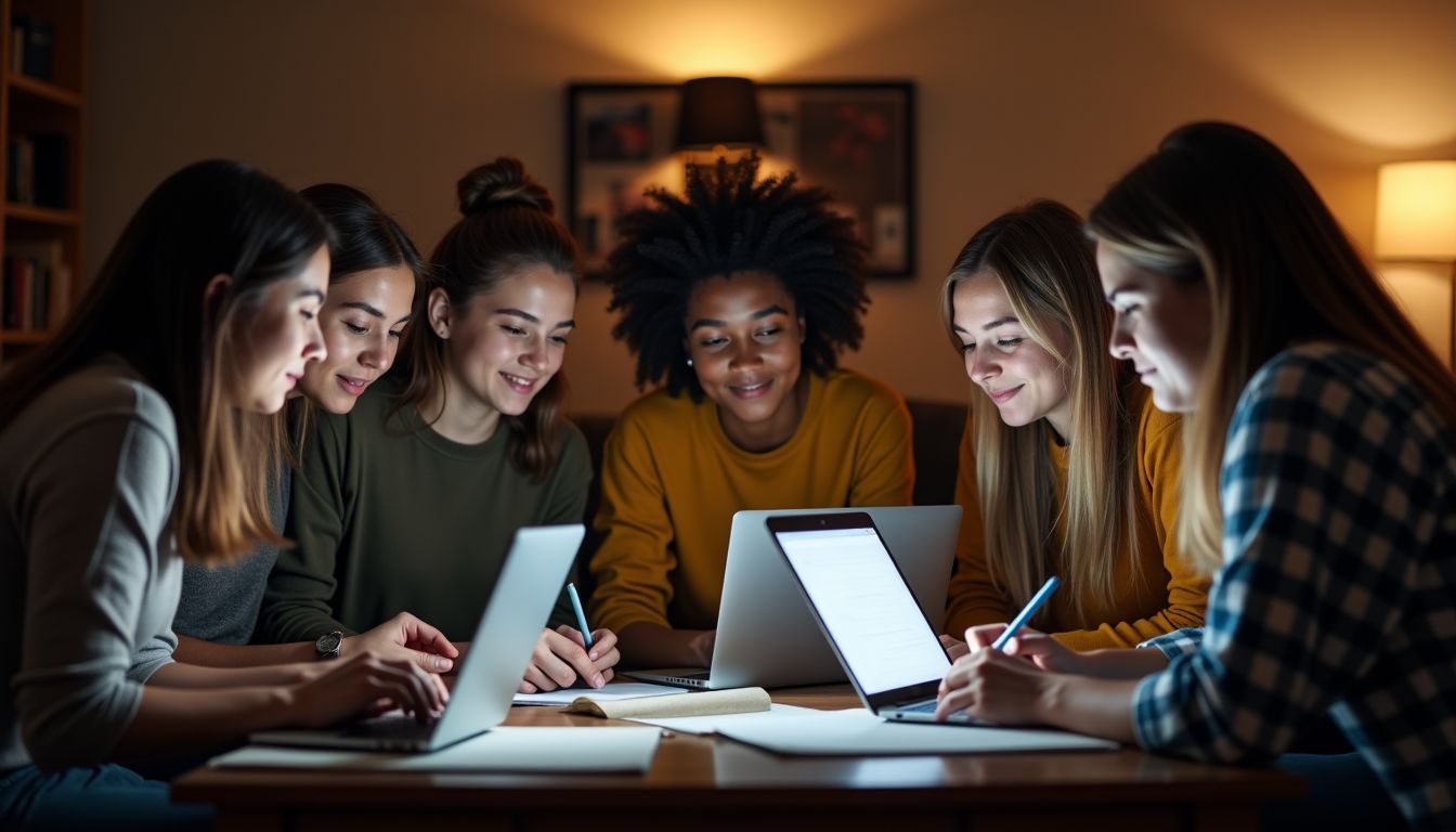 A diverse group of young adults collaborate on financial planning.