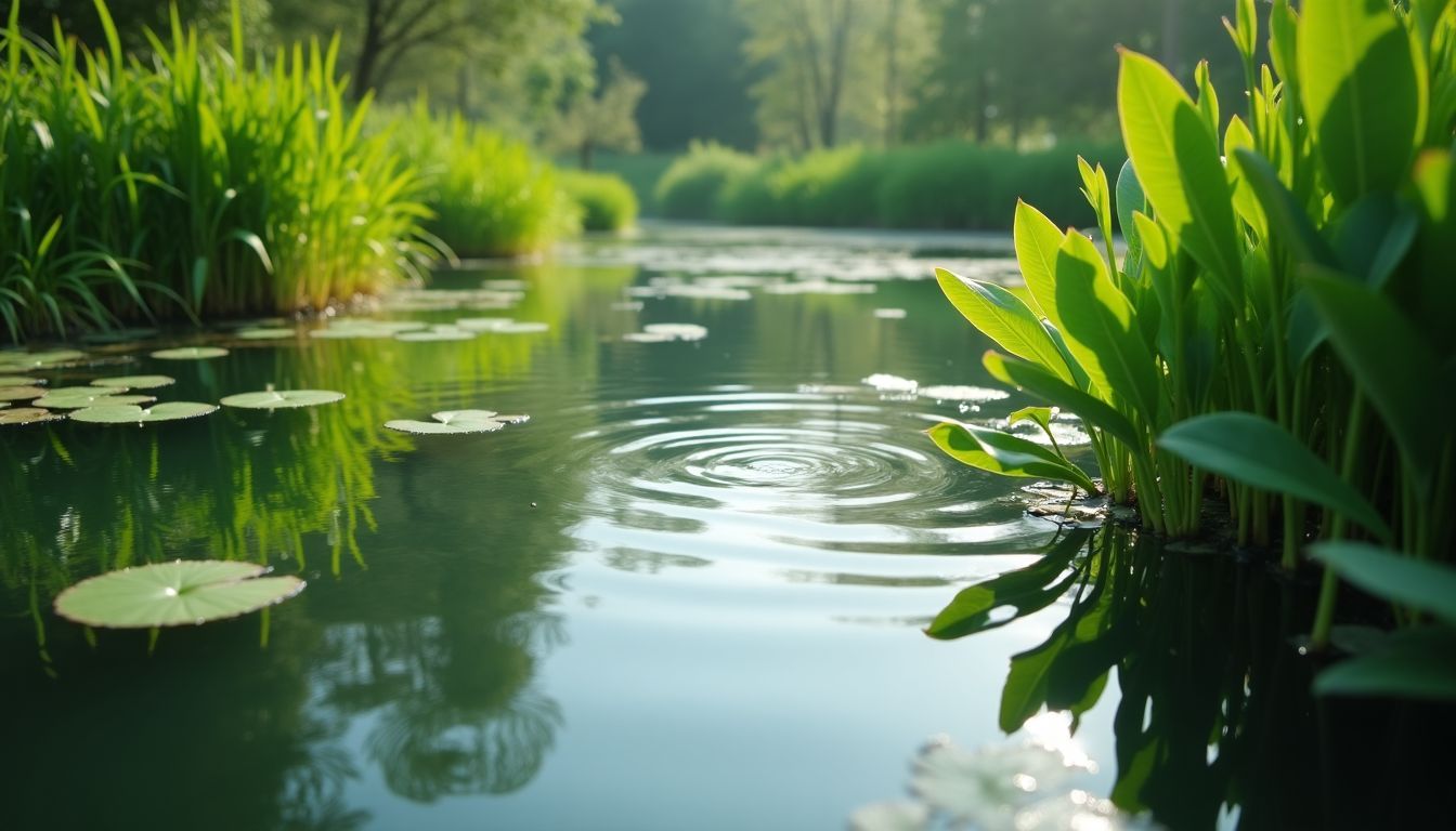 A serene pond surrounded by vibrant green plants and gentle ripples.