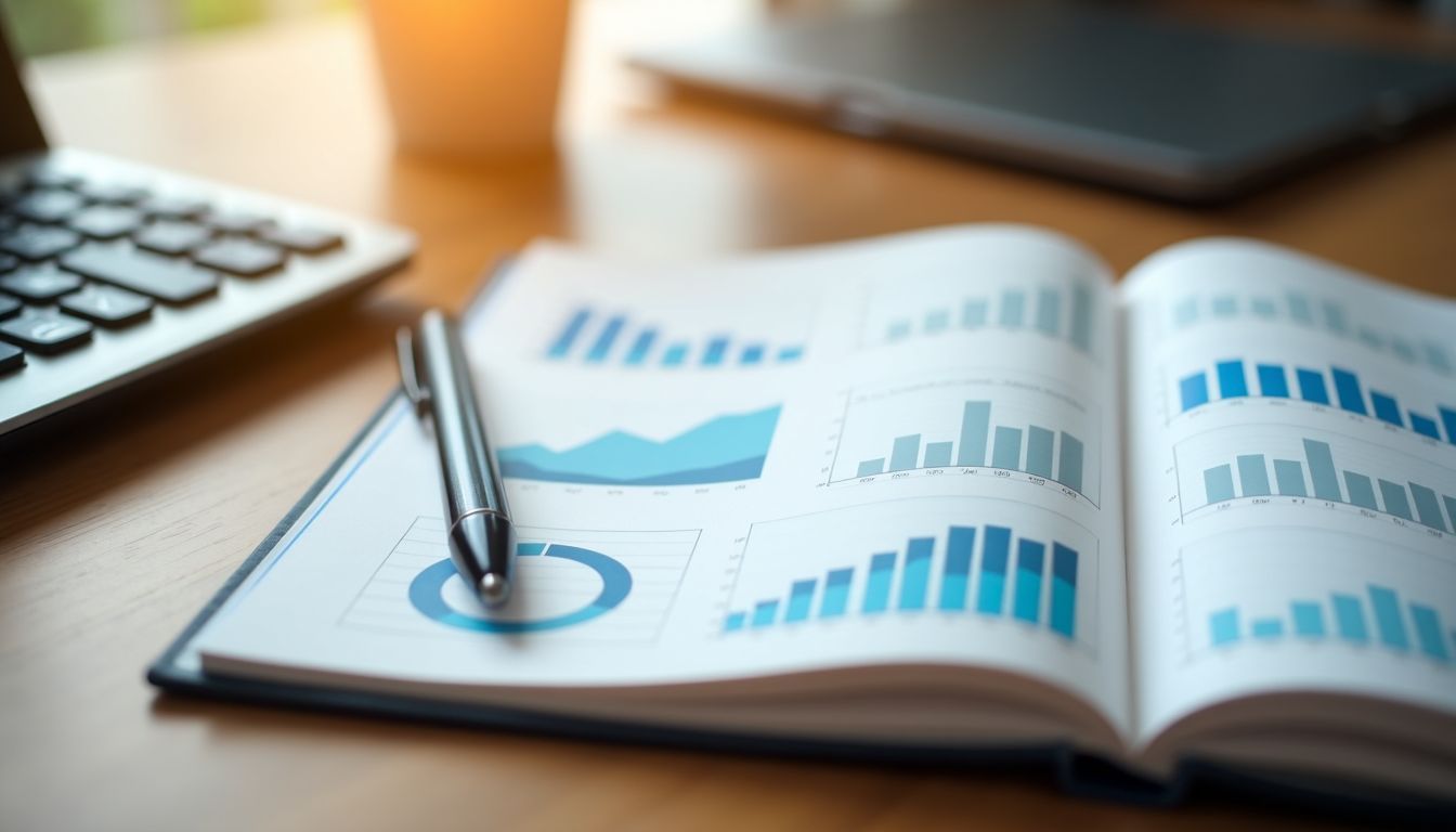 A notebook with financial graphs, pen, and calculator on a desk.