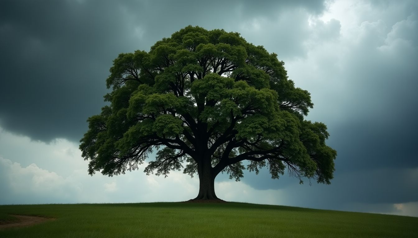 A strong oak tree stands under a stormy sky, representing defensive stocks.