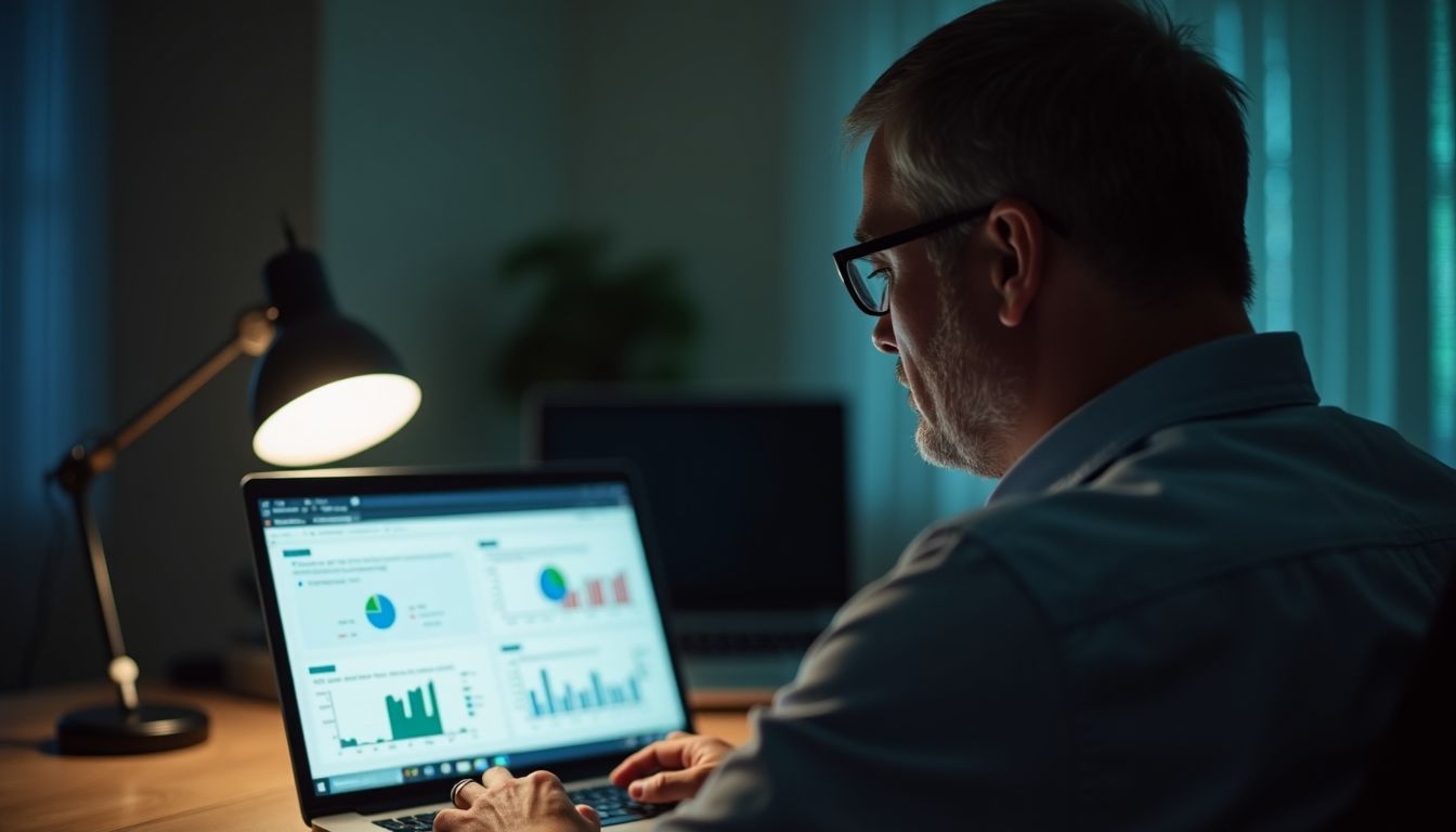 A man in his 40s working on laptop with financial charts.