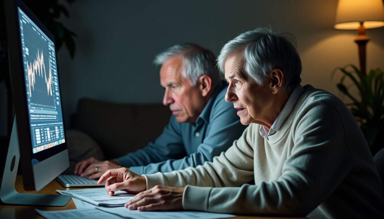 Elderly couple investing in stocks together at home.