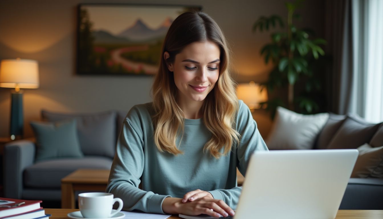 A woman in casual clothes researches finance options at home.