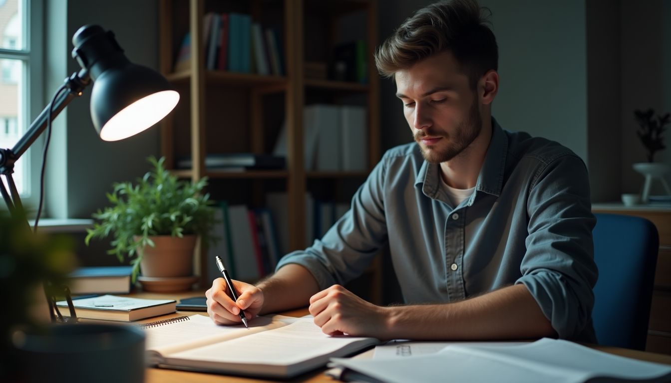 A person in casual clothing studying insurance law at a cluttered desk.