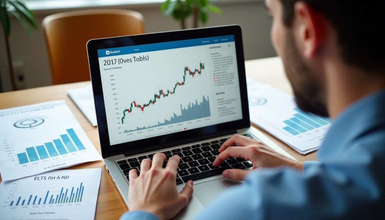 An open laptop displaying stock market graph on a wooden desk.