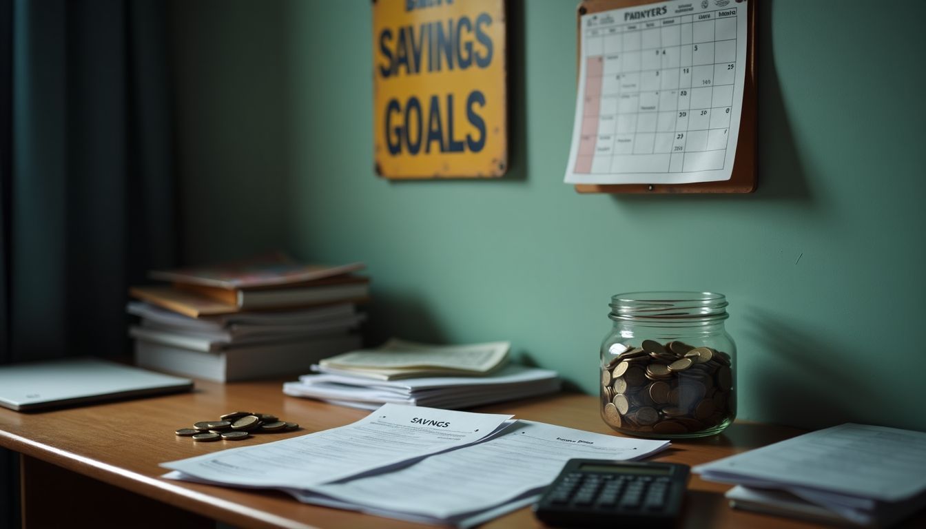 A messy desk with bank statements, coins, and savings goals.