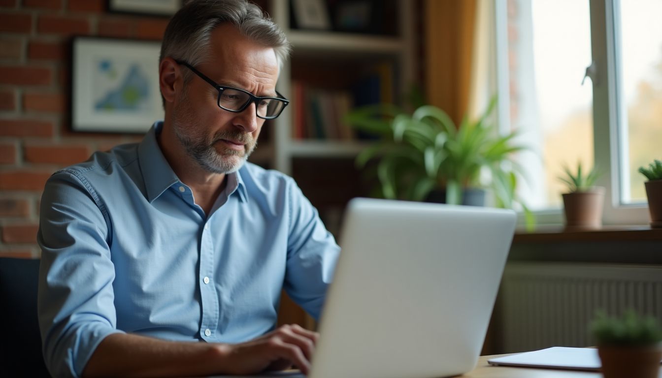 A middle-aged man sitting at a desk, reviewing information on Equity Linked Notes (ELNs) on his laptop.