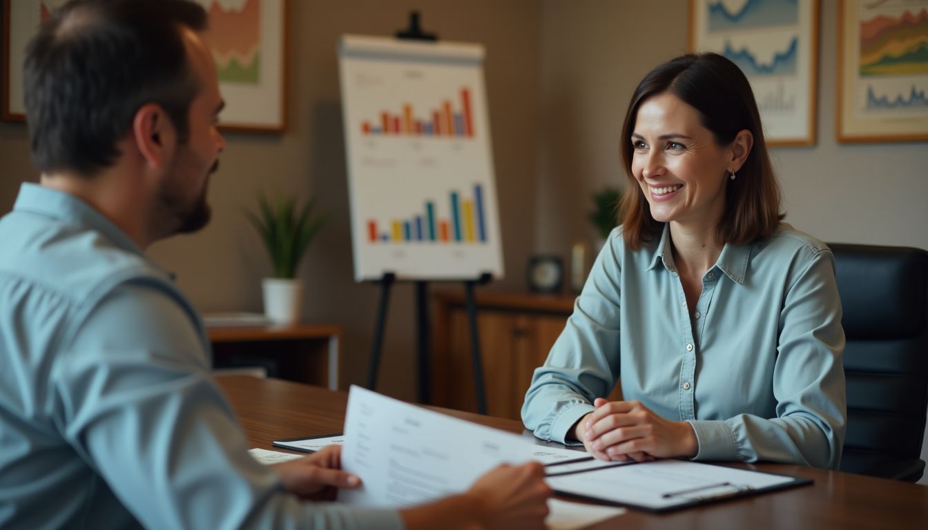 A woman consults with a financial advisor in a cozy office.