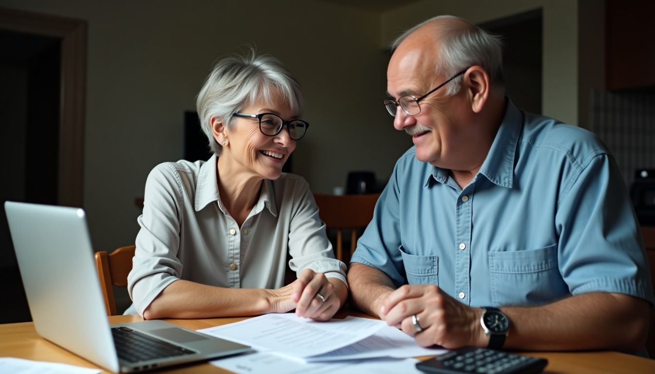 Elderly couple discussing insurance savings plans and financial documents at home.