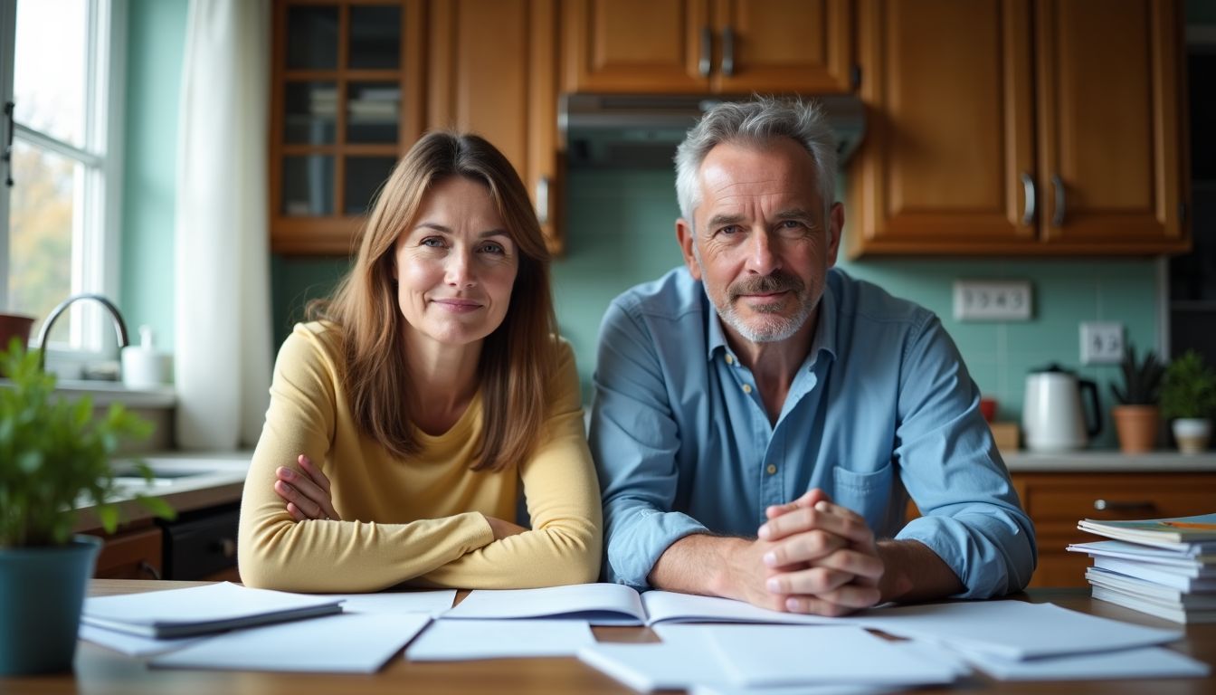 A middle-aged couple discussing their financial goals at a cluttered kitchen table.