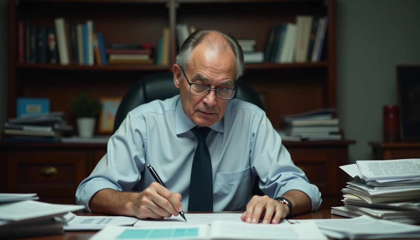 A middle-aged man sitting at a cluttered desk, deep in thought.