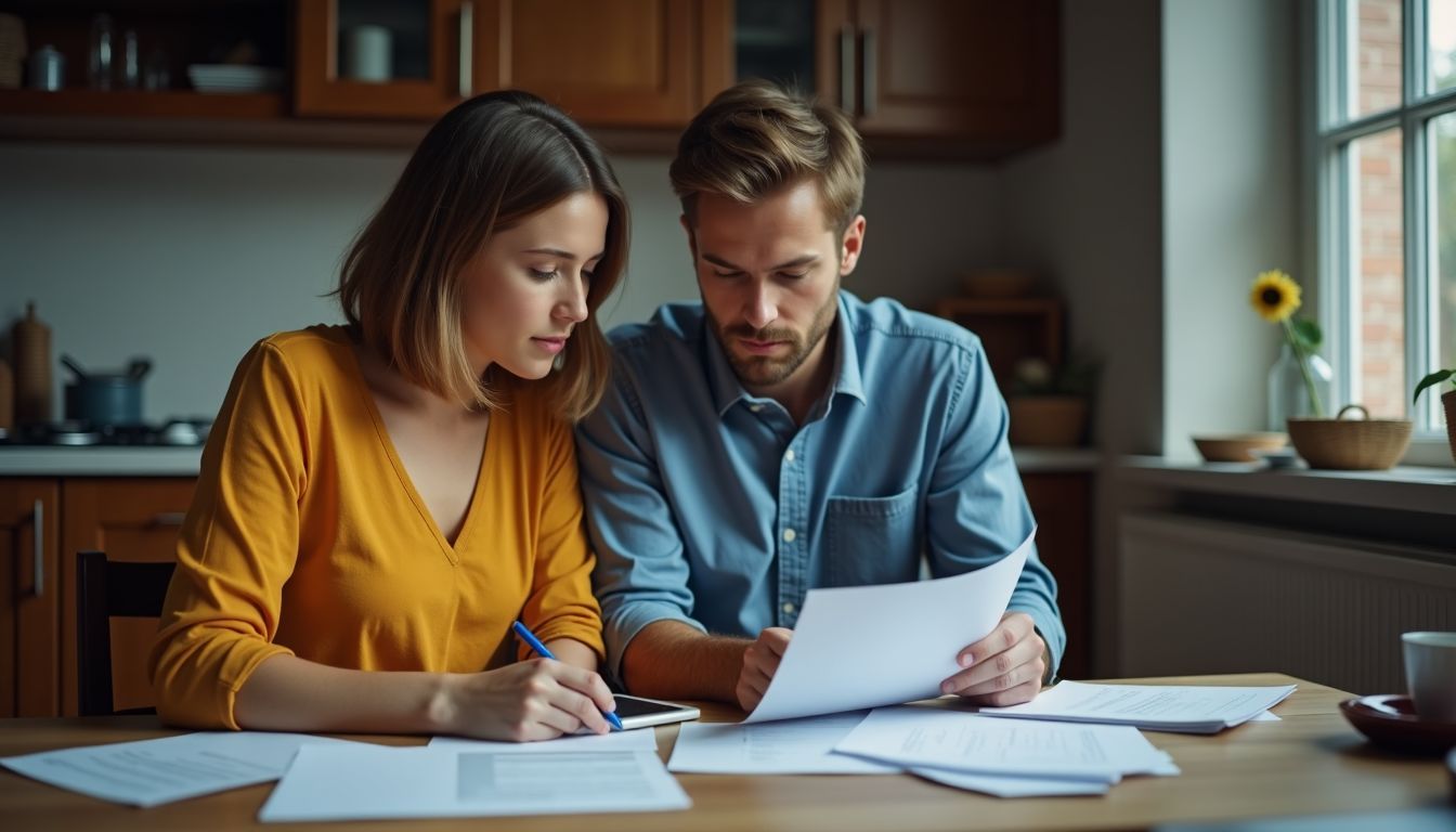 A couple in their 30s organizing bills and financial documents.