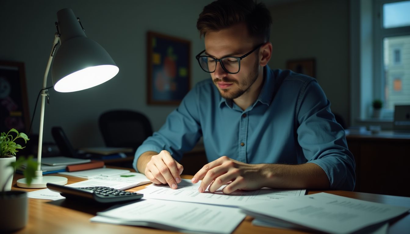 A person is calculating equity-linked notes payoff at cluttered desk.