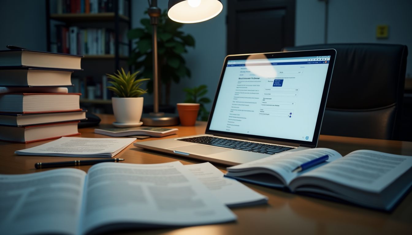 A cluttered desk with insurance brochures, a laptop, and textbooks.