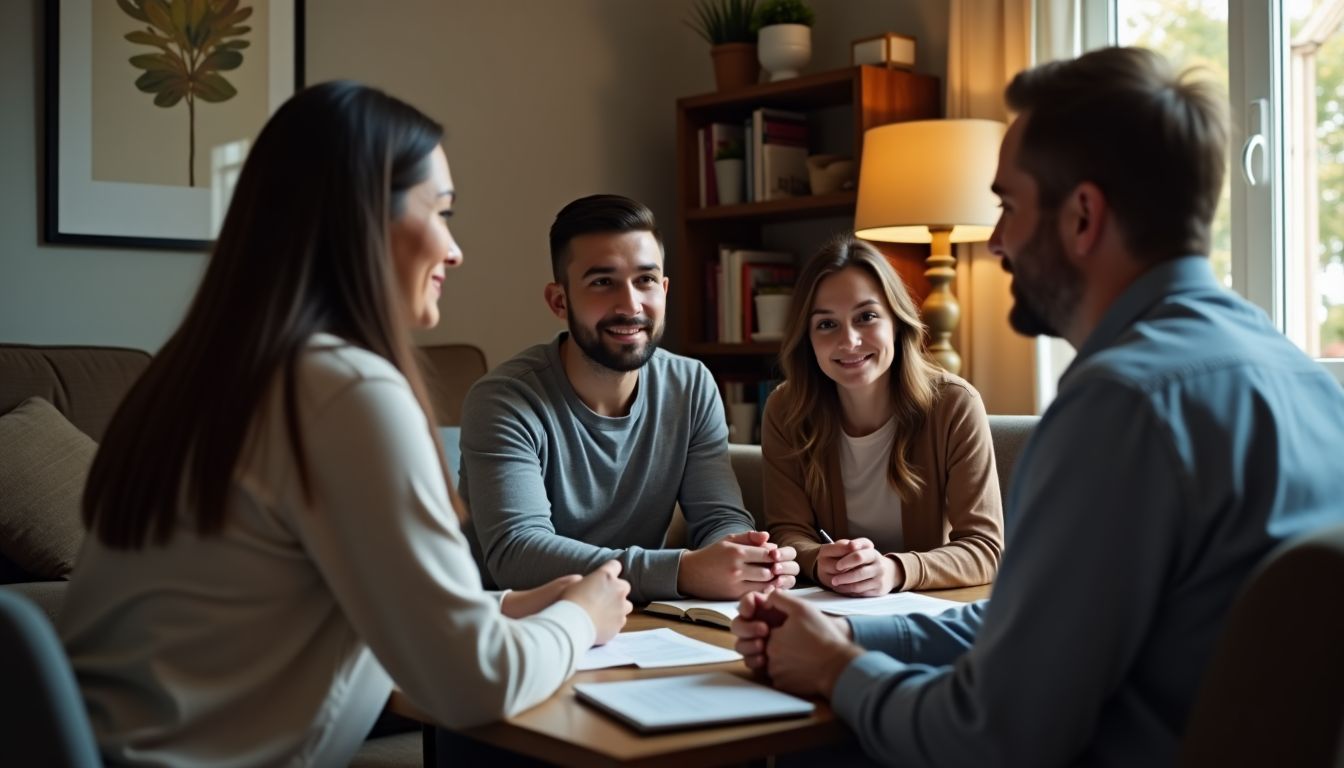 A family meeting with a financial advisor in a cozy living room.