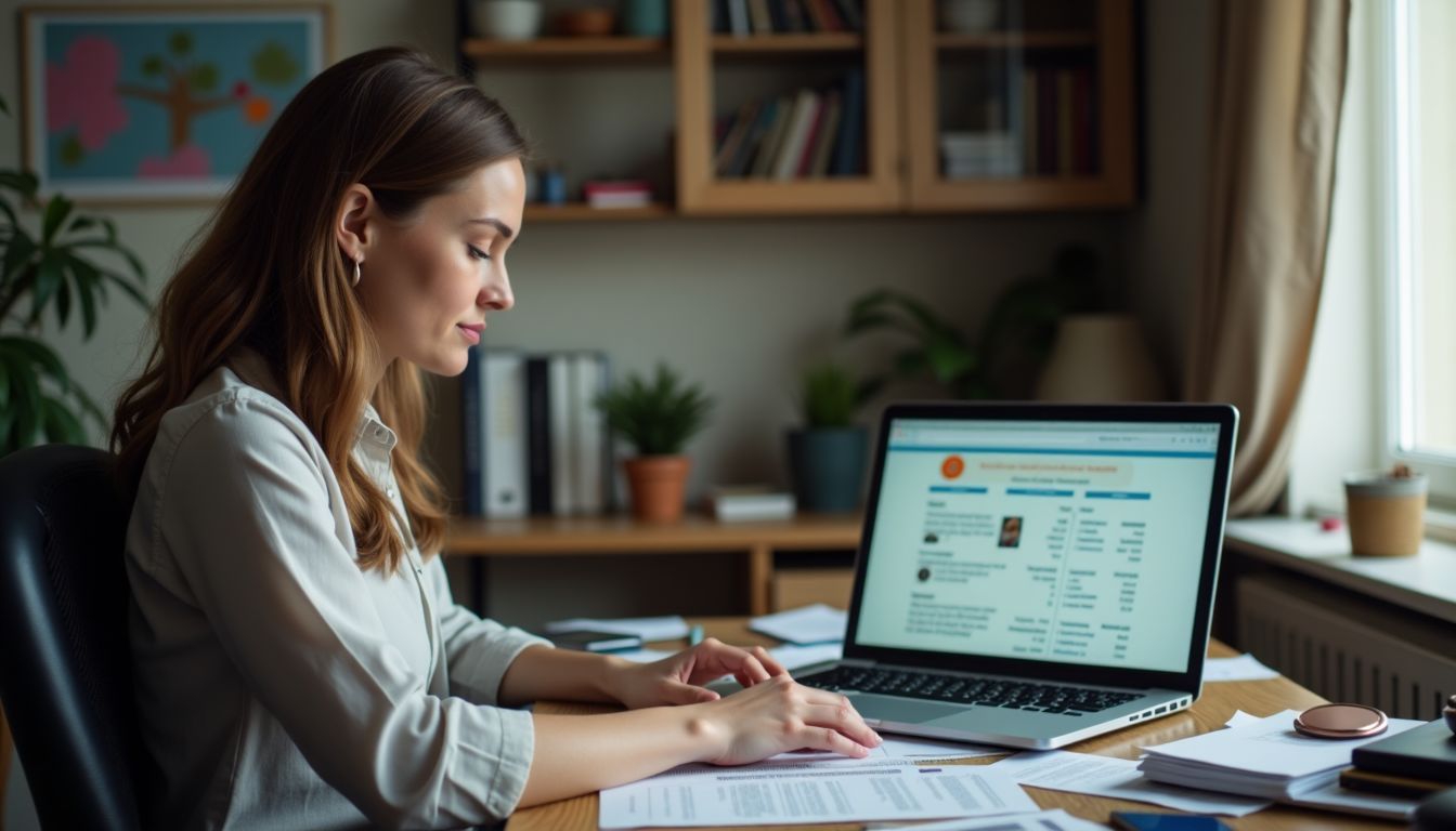 A woman compares money market accounts at cluttered desk.