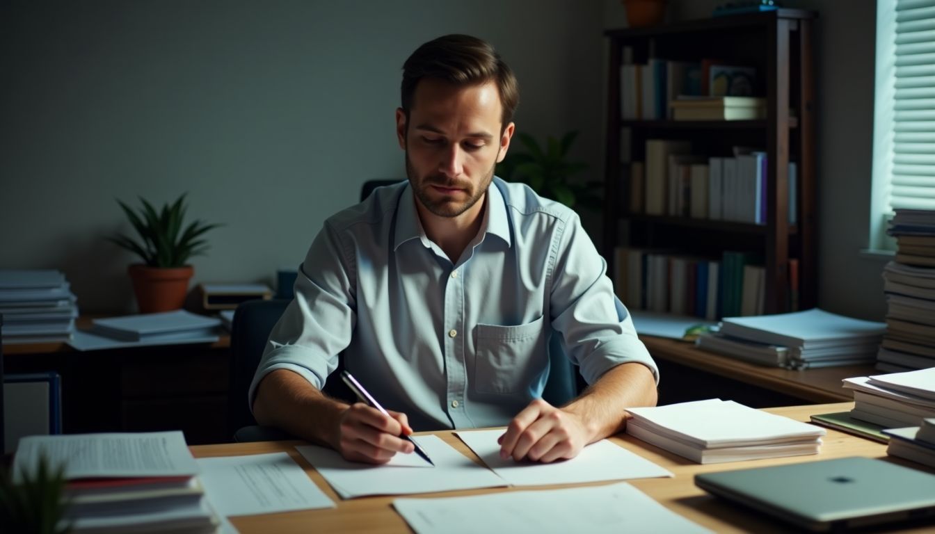 A person compares financial data on Barrier and Buffer Notes at a cluttered desk.