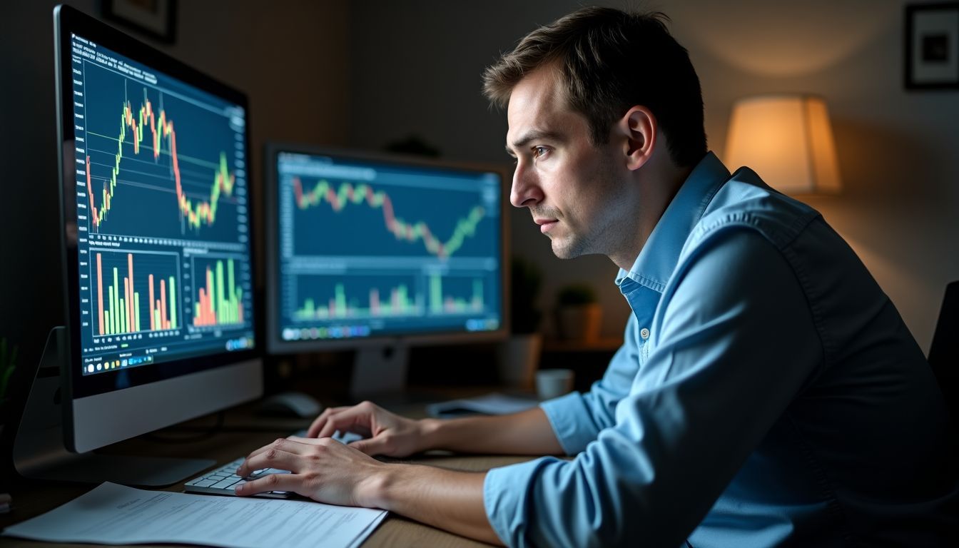 A man in his 40s is focused on analyzing investment charts.