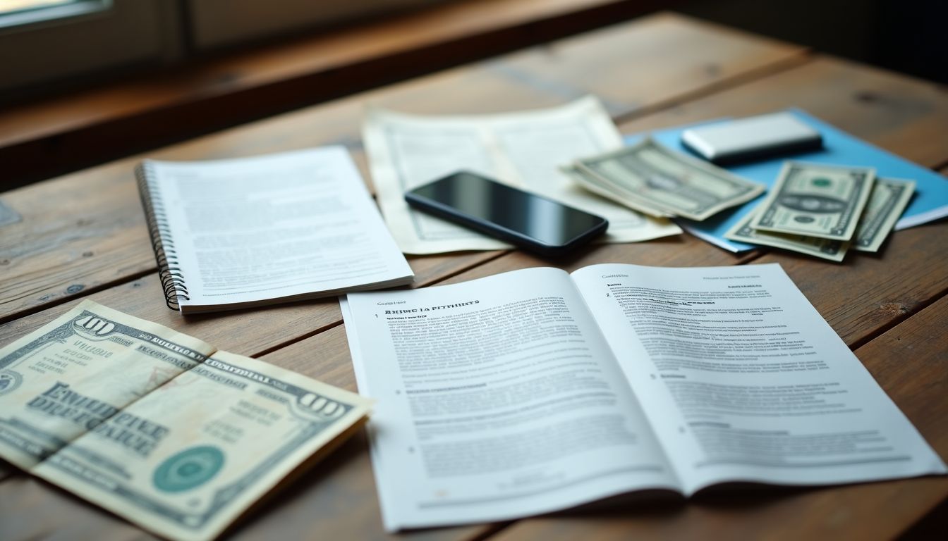 A diverse investment portfolio laid out on a rustic wooden table.