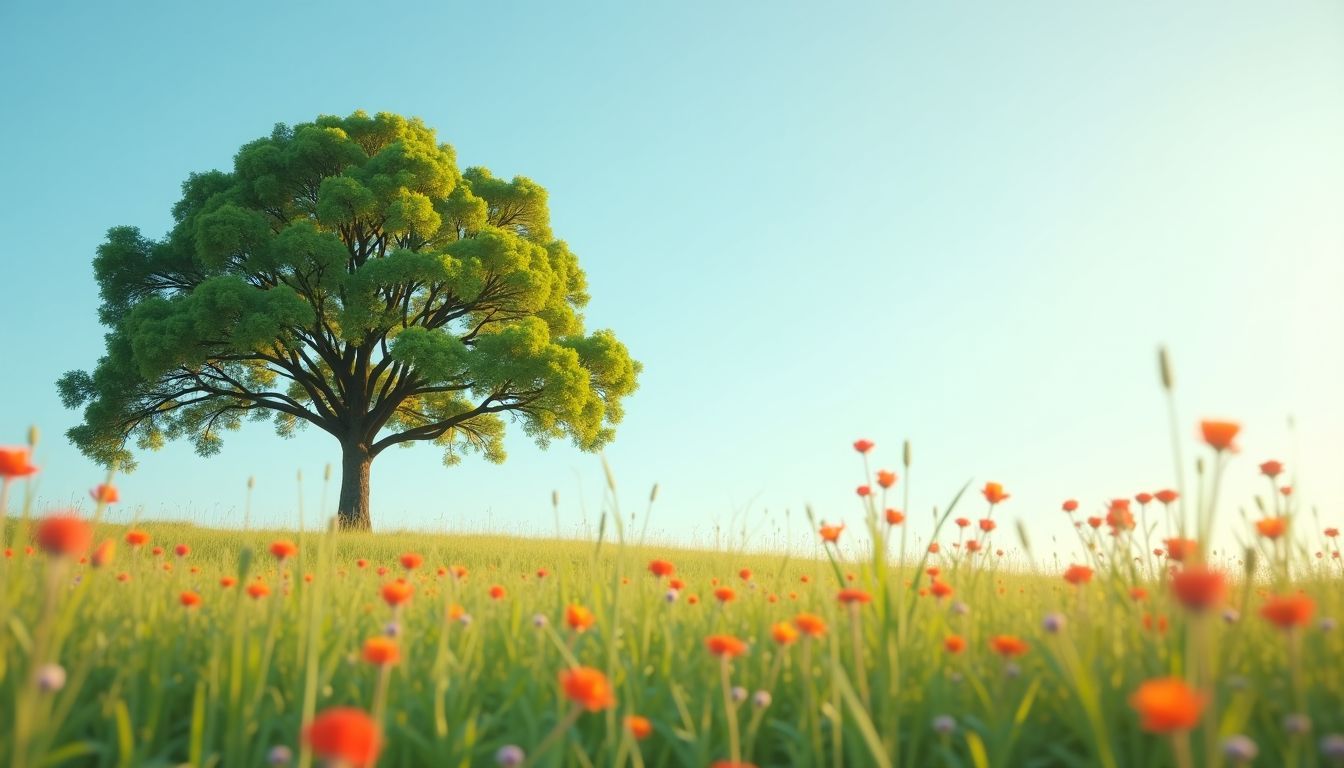 A lone oak tree standing in a sunlit meadow.