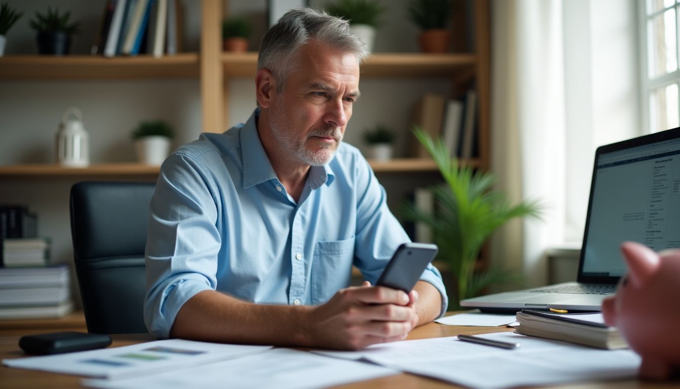 A man is working on his finances at a cluttered desk.