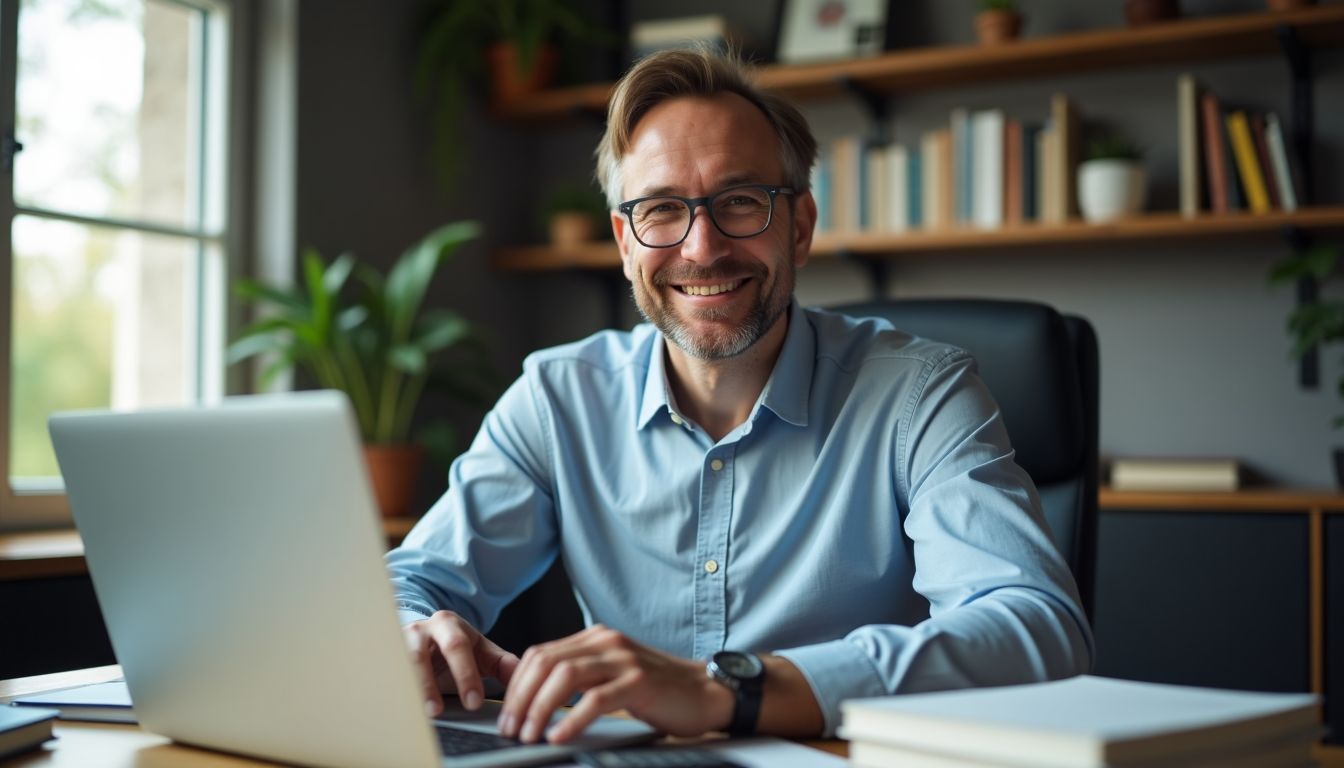 A man sitting at a desk surrounded by financial planning books.