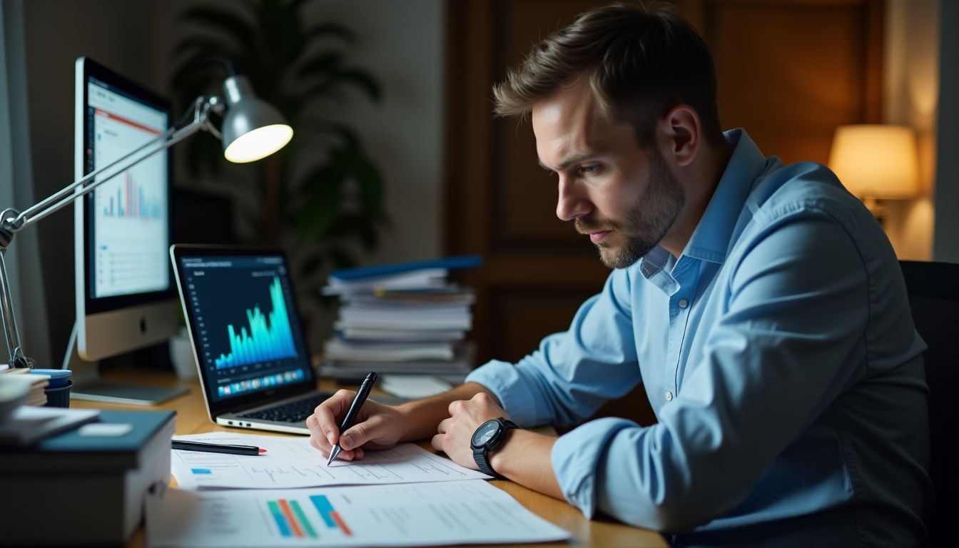 A man in his 40s working on financial documents in a cluttered home office.