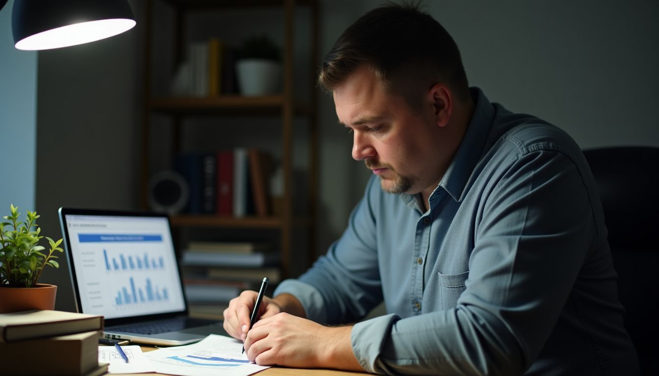 A person reviewing financial documents at a cluttered home desk.