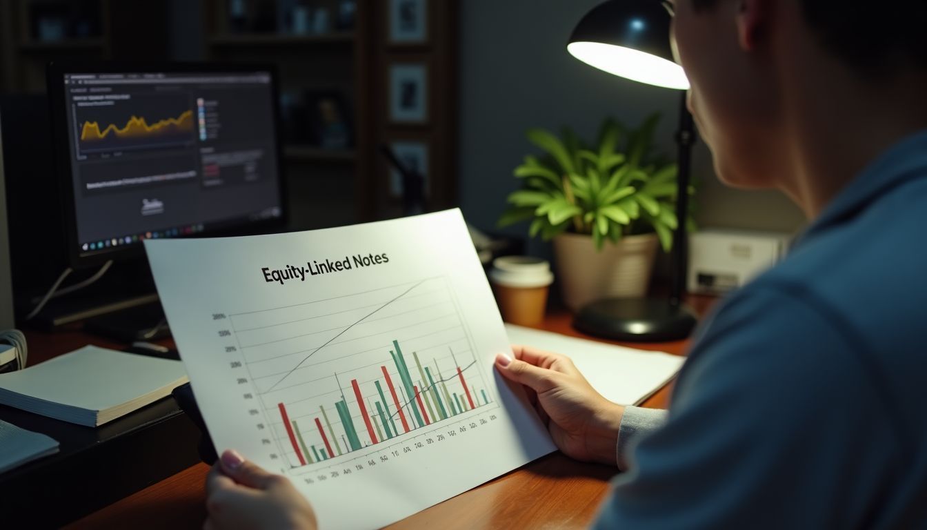 A person examining a chart of Equity-Linked Notes in a home office.