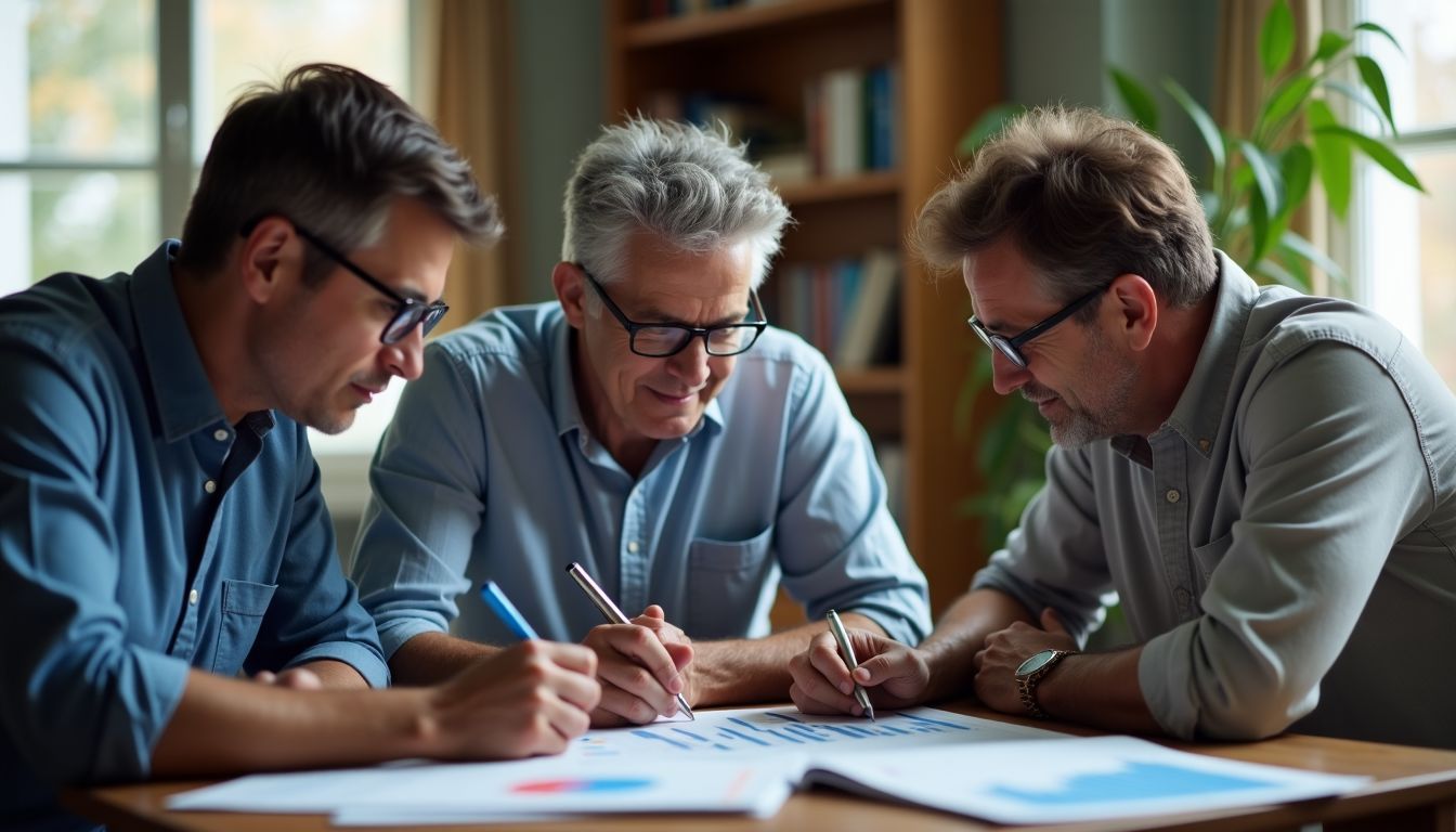 Three middle-aged individuals discussing index fund performance in cozy home office.