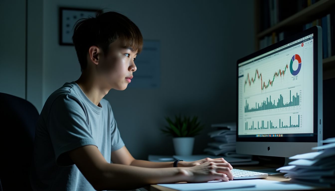 Person working late on financial documents and investment charts at messy desk.