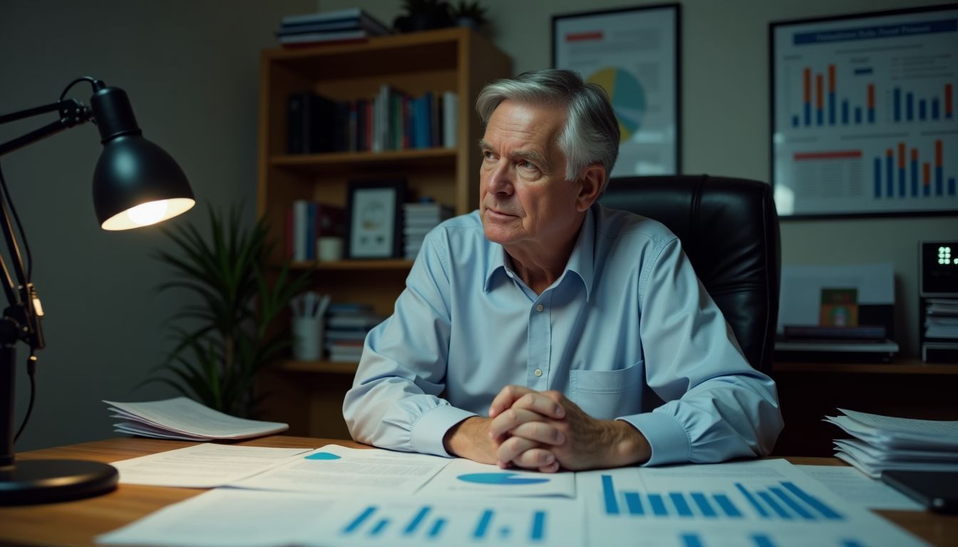 An older man sits at a cluttered desk surrounded by financial charts.