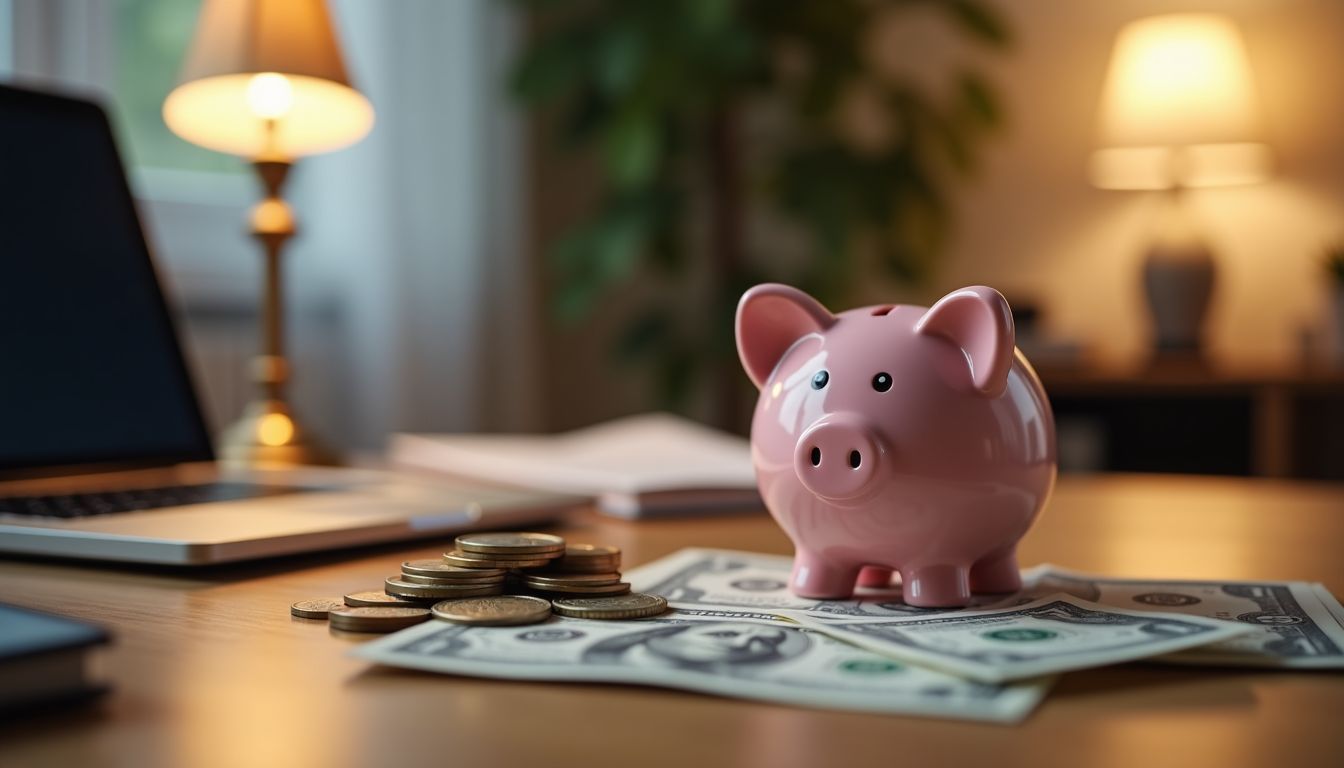 A piggy bank surrounded by money and financial planning books.