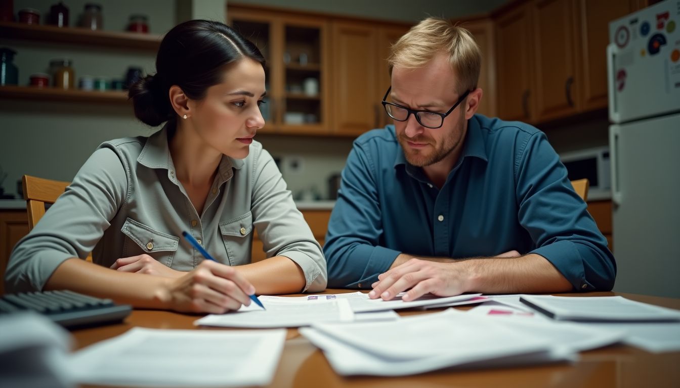 A middle-aged couple sits at a cluttered kitchen table, focusing on financial planning.