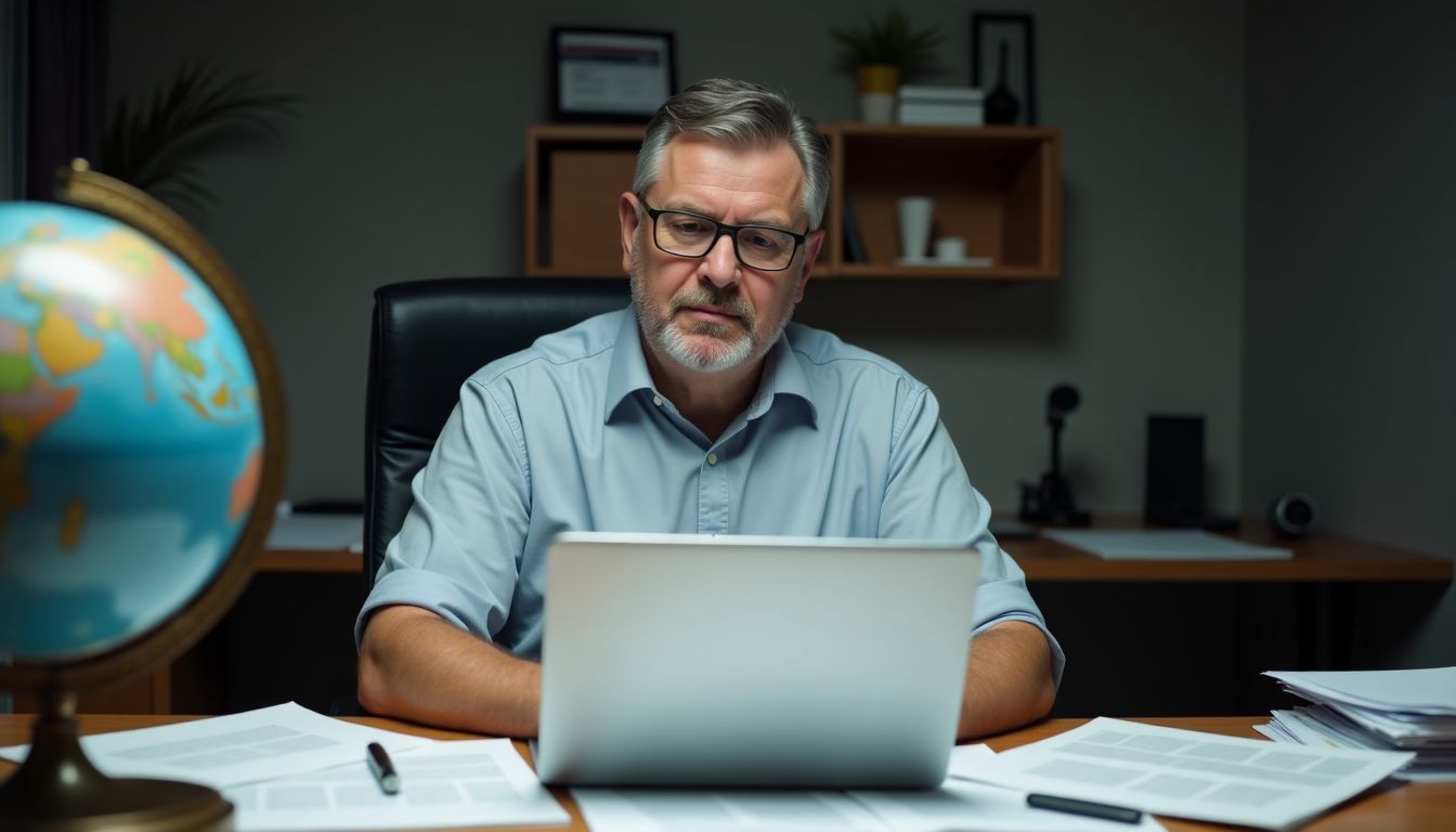 A middle-aged man researching offshore investments on his cluttered desk.