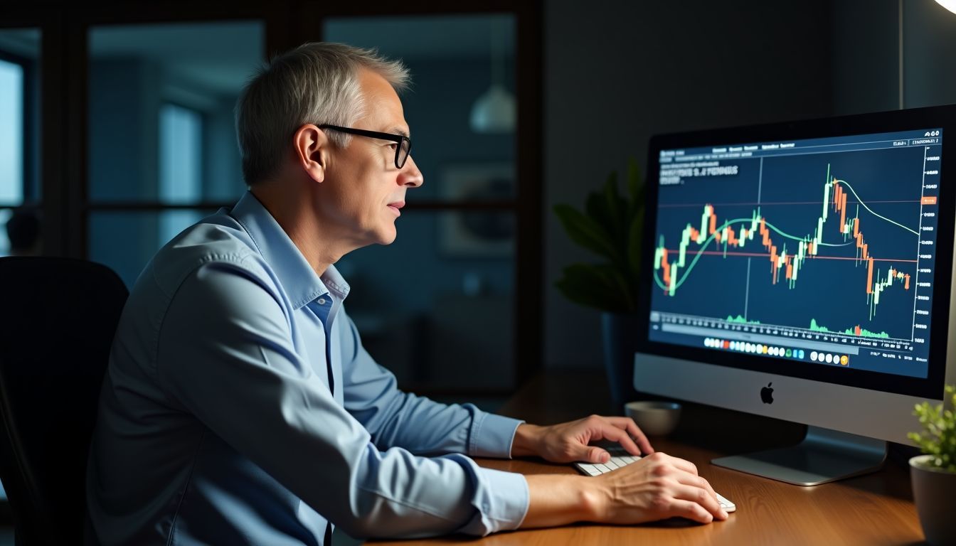 A senior investor analyzing stock market data on a computer.