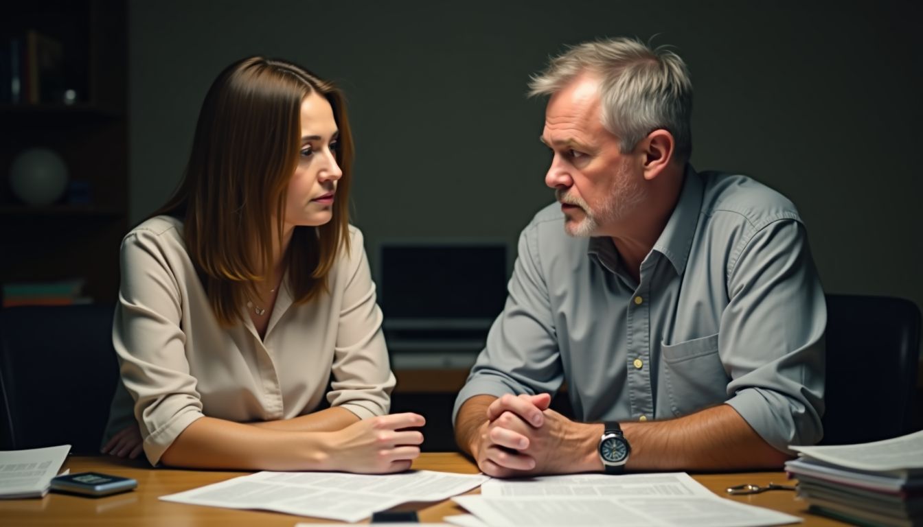 An older couple discusses financial plans in a cluttered home office.