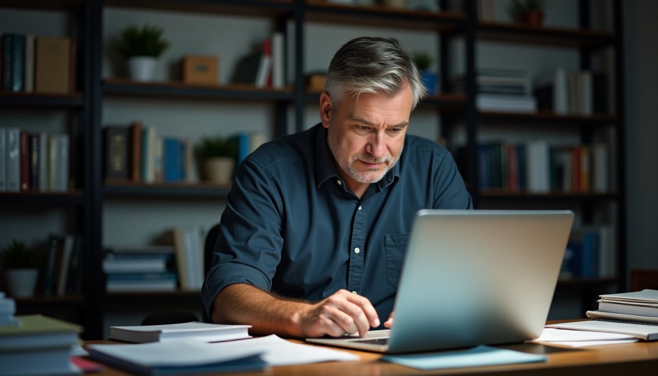 A man studying equity-linked notes at a cluttered home office desk.