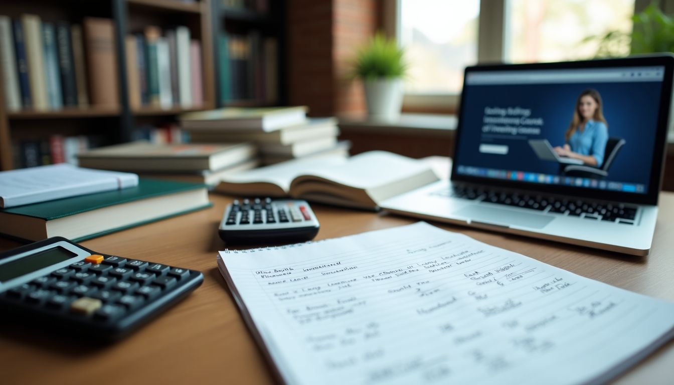 A cluttered desk with investing books, laptop, calculator, and notepad.