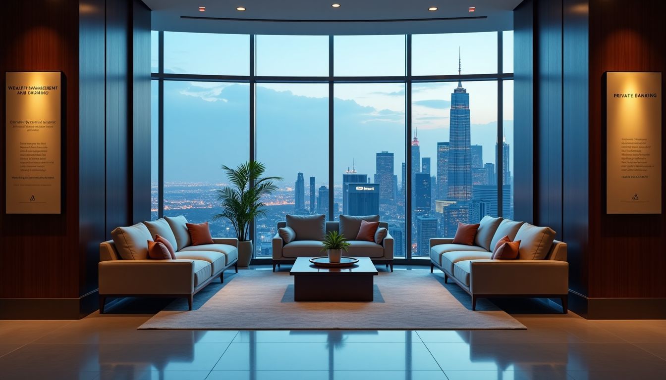 The photo shows a luxurious office building lobby with modern furniture.