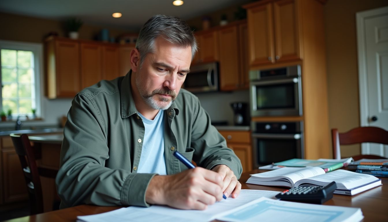 A man reviewing receipts and bills at a cluttered kitchen table.