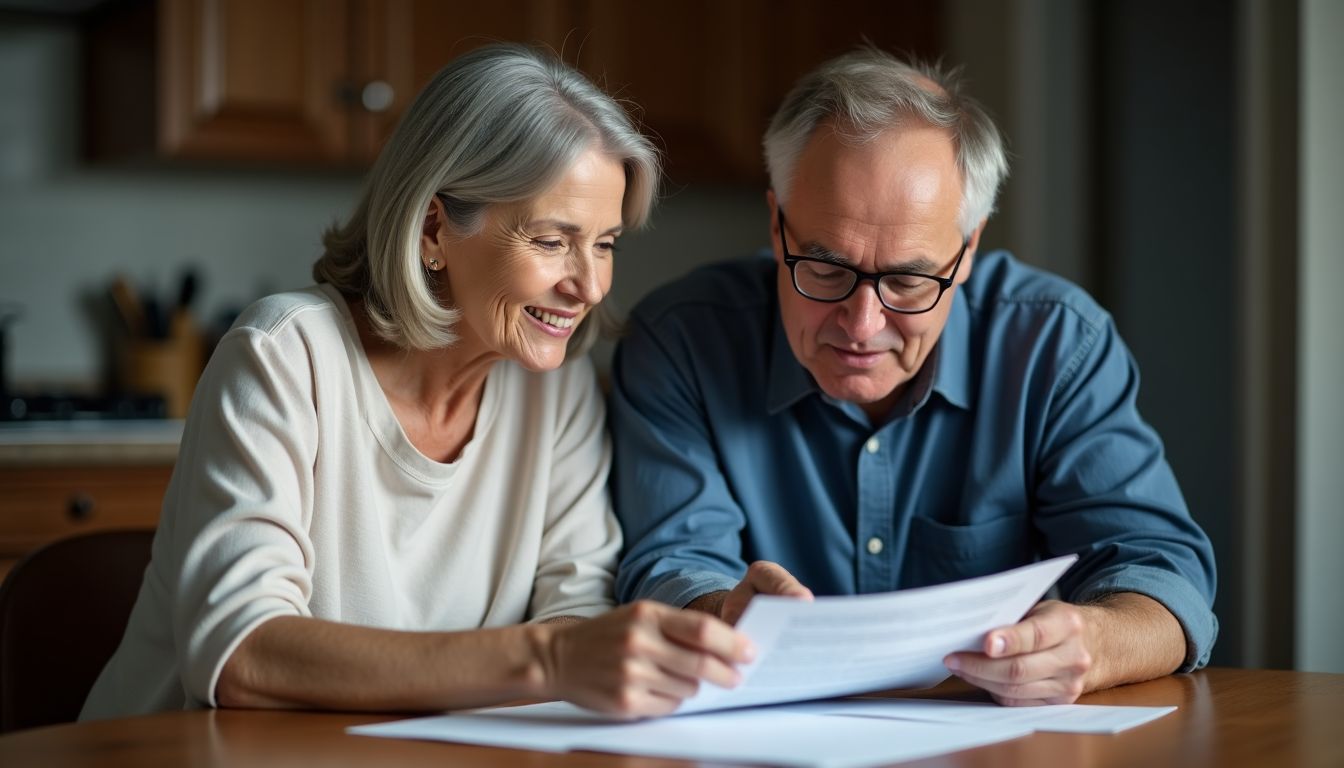 An older couple discussing financial documents at a kitchen table.