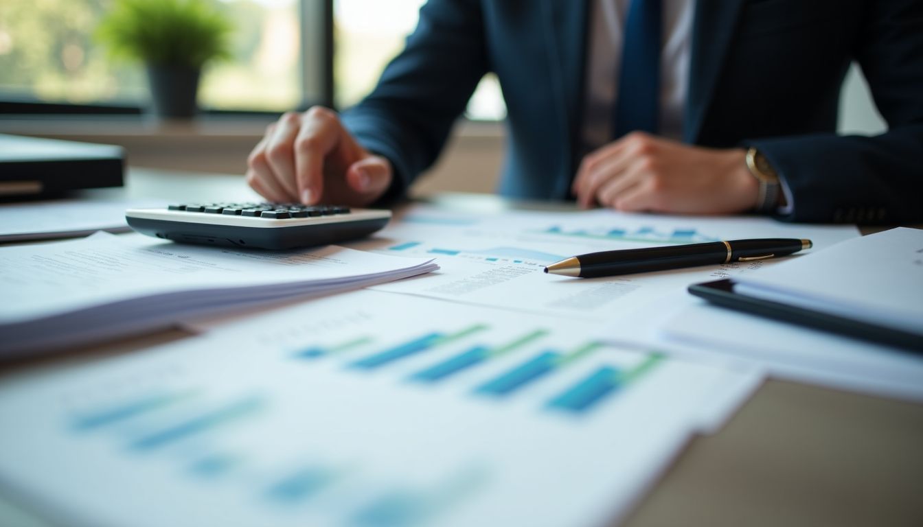 A modern office desk with financial documents, spreadsheets, and a calculator.