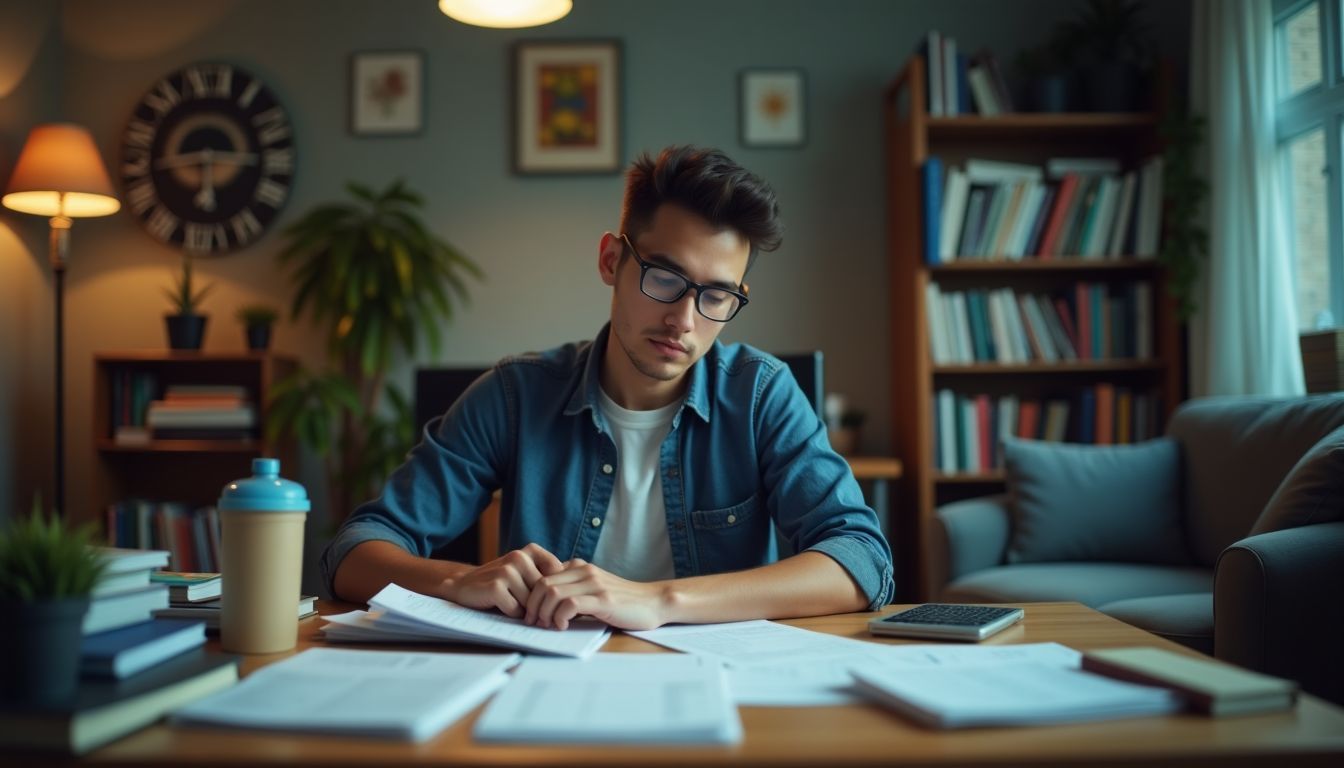 A young professional sitting at a cluttered desk, managing their budget.