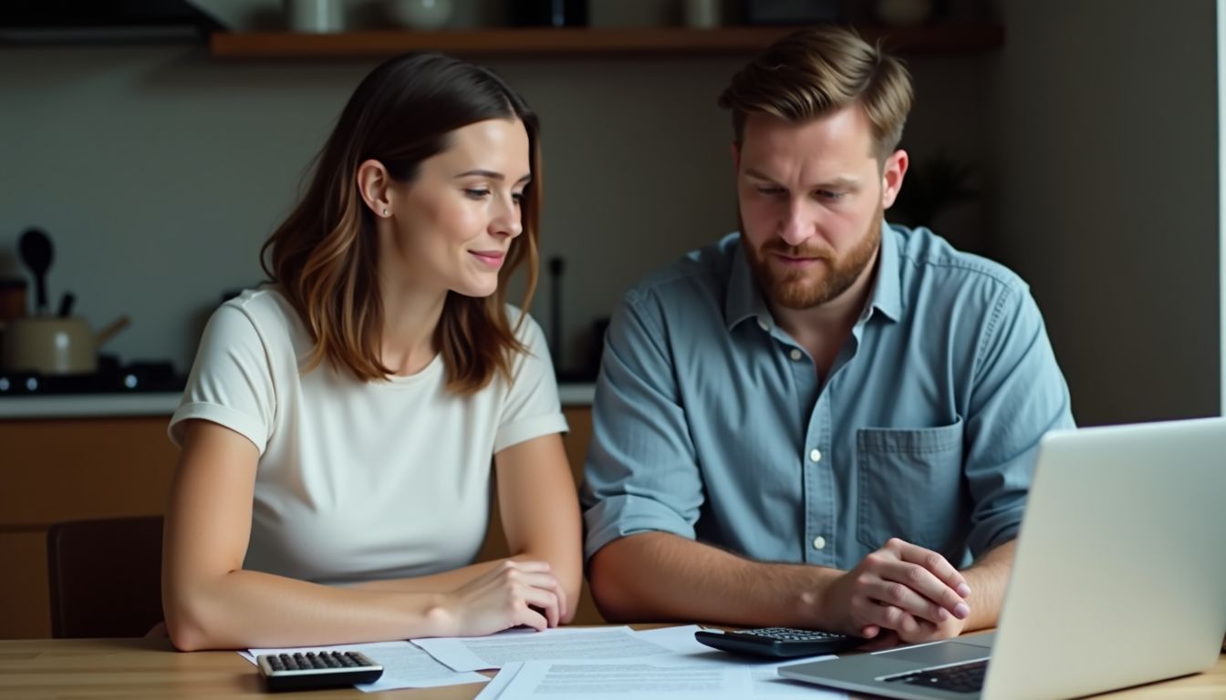 A couple in their 30s discussing finances at a kitchen table.