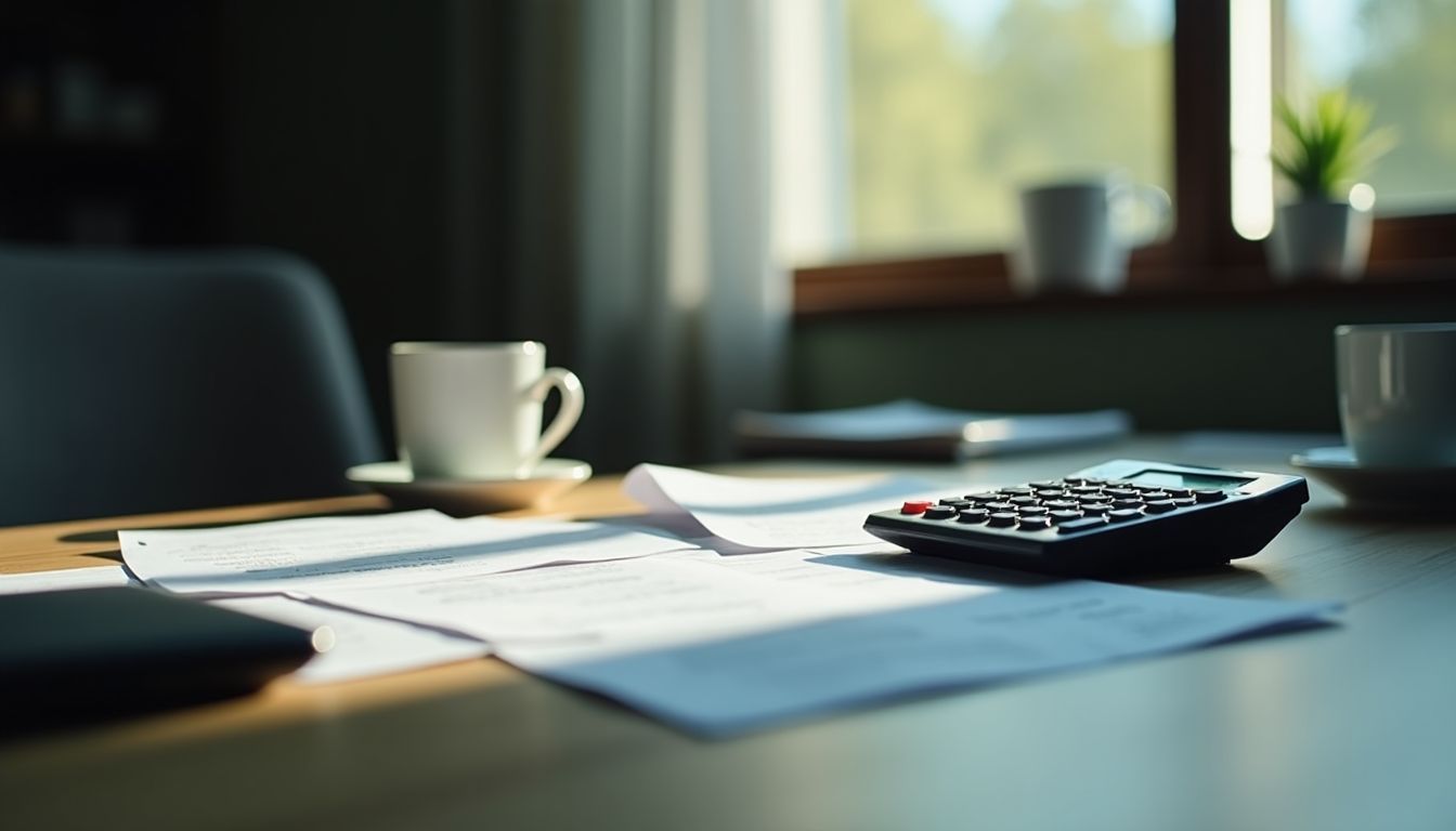 A deserted office desk with scattered financial documents and unpaid bills.