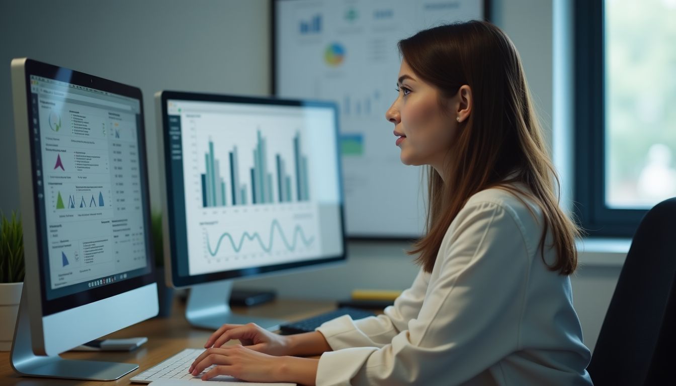 A woman working in a modern office on financial data analysis.