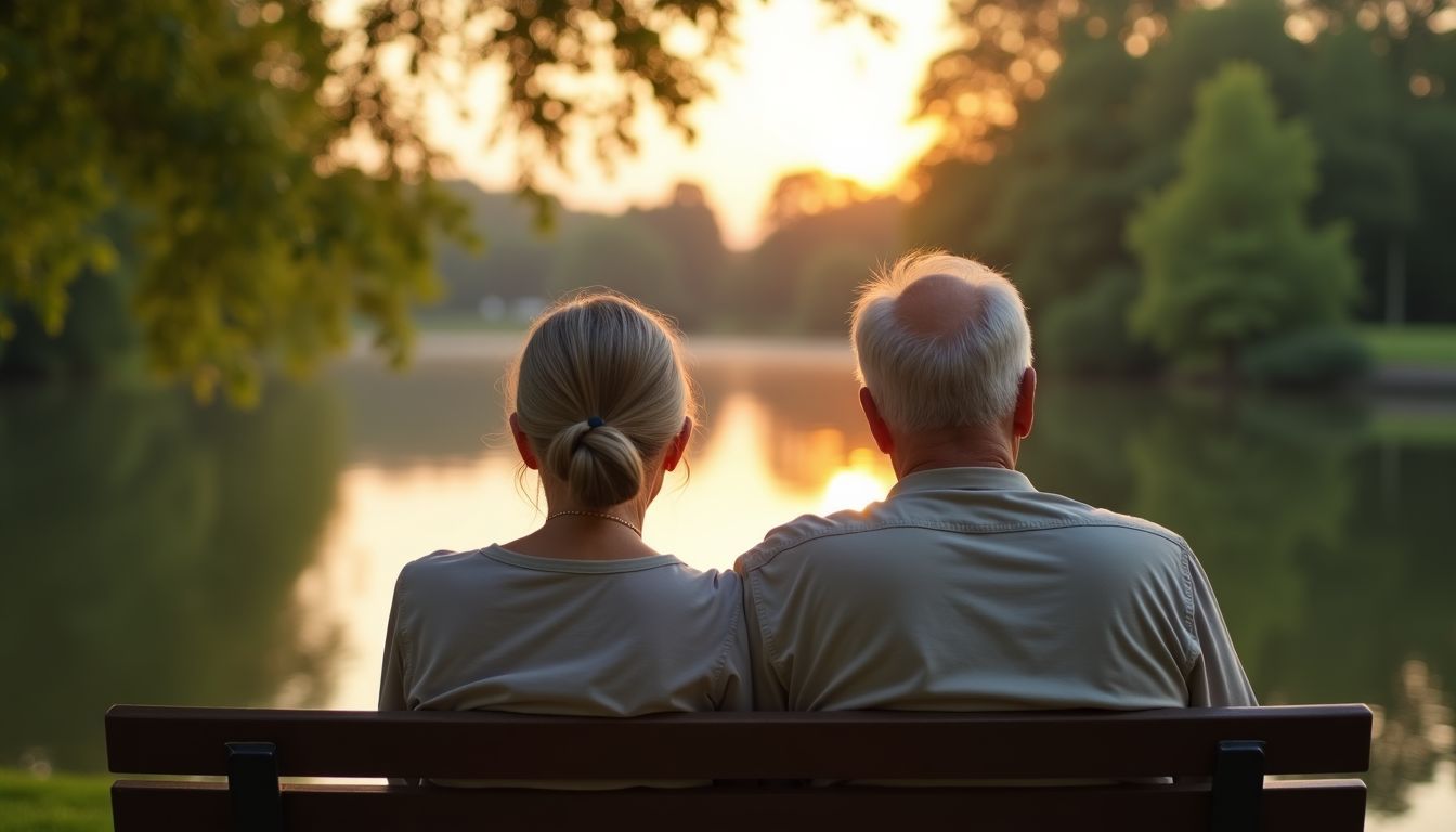 Elderly couple enjoying sunset at calm lake in park.