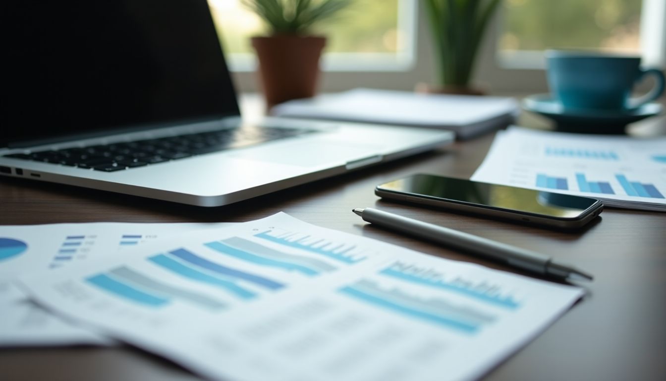 A high-end office desk with scattered financial papers and a sleek laptop.