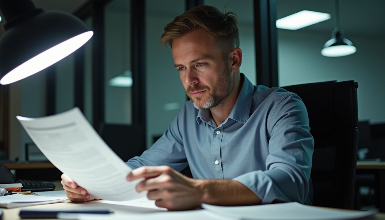 A man in his 40s reviewing an equity-linked note at a cluttered desk.